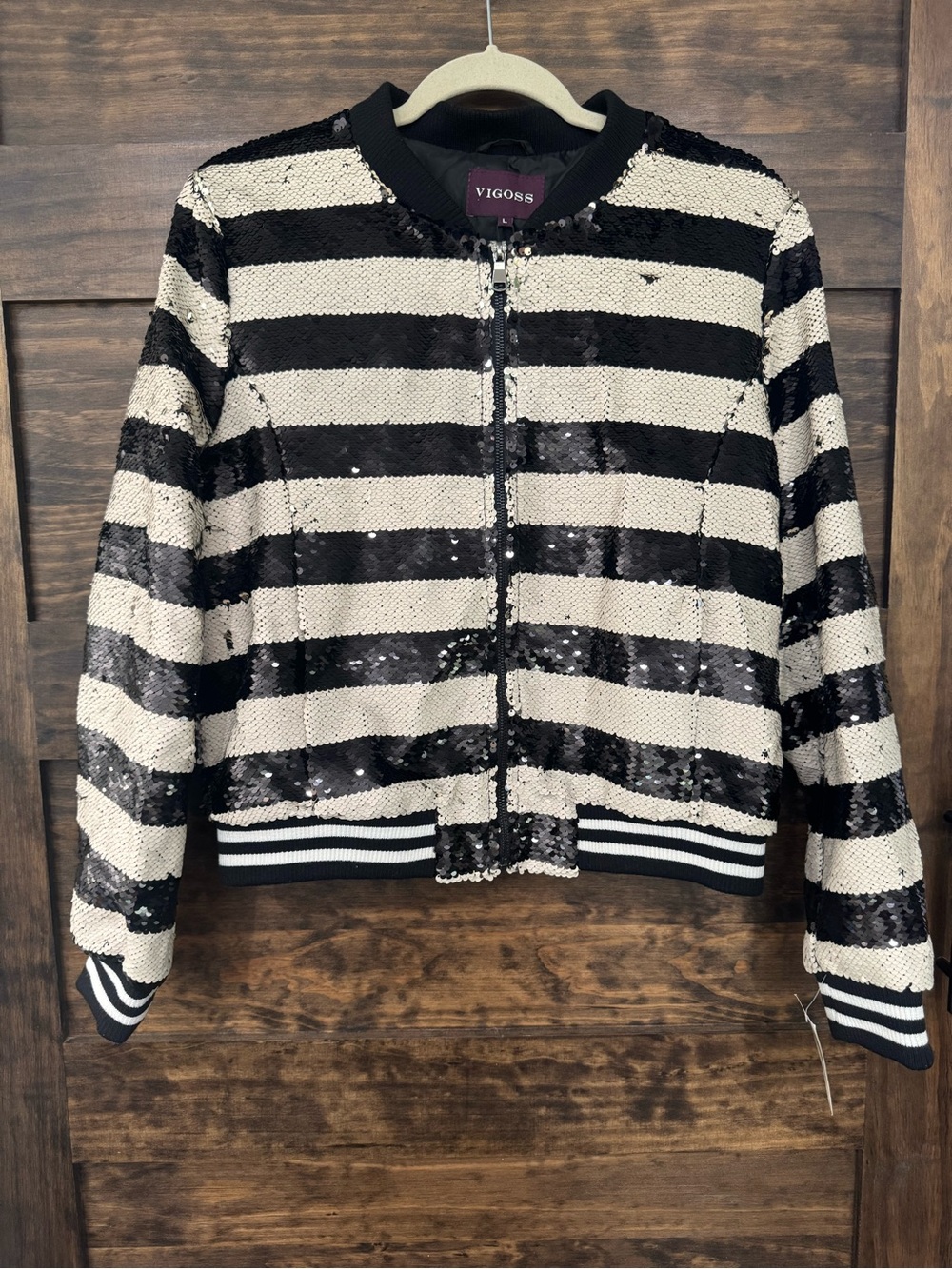 Vigoss Black & White Striped Sequin Bomber Jacket Size Large